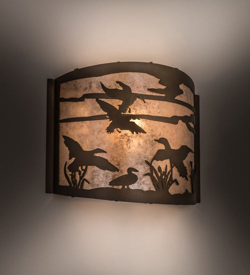 Meyda Lighting Ducks in Flight 68612 12" Antique Copper Wall Sconce With Silver Mica Shade Glass