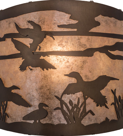 Meyda Lighting Ducks in Flight 68612 12" Antique Copper Wall Sconce With Silver Mica Shade Glass