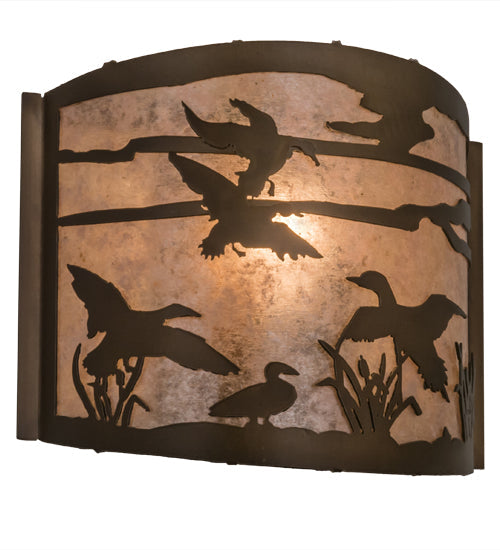 Meyda Lighting Ducks in Flight 68612 12" Antique Copper Wall Sconce With Silver Mica Shade Glass