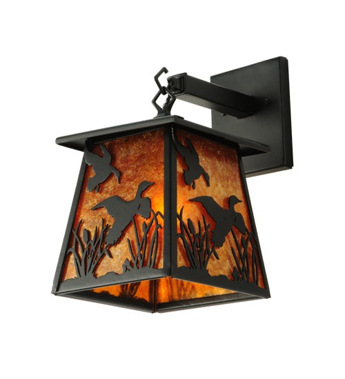 Meyda Lighting Ducks in Flight 7" Textured Black Hanging Wall Sconce With Amber Mica Shade Glass