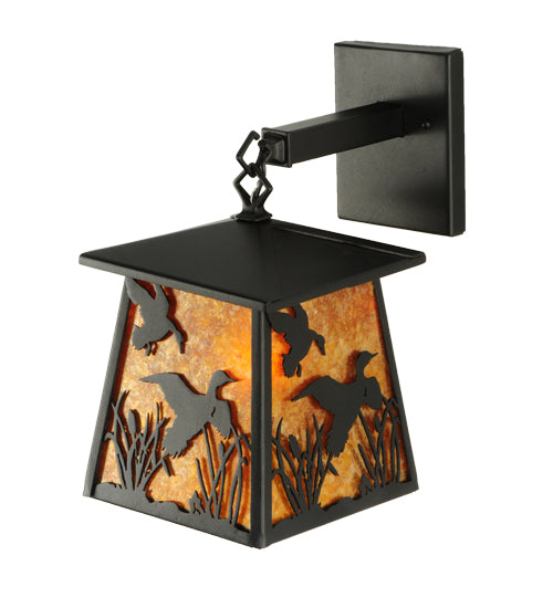 Meyda Lighting Ducks in Flight 7" Textured Black Hanging Wall Sconce With Amber Mica Shade Glass