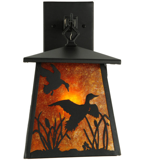 Meyda Lighting Ducks in Flight 7" Textured Black Hanging Wall Sconce With Amber Mica Shade Glass
