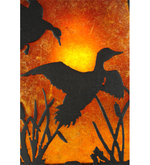 Meyda Lighting Ducks in Flight 7" Textured Black Hanging Wall Sconce With Amber Mica Shade Glass