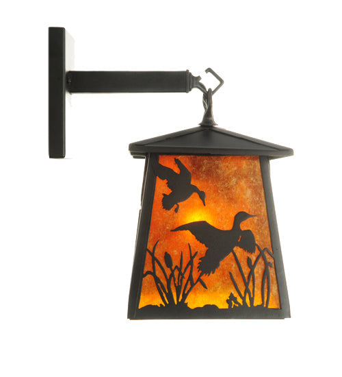 Meyda Lighting Ducks in Flight 7" Textured Black Hanging Wall Sconce With Amber Mica Shade Glass