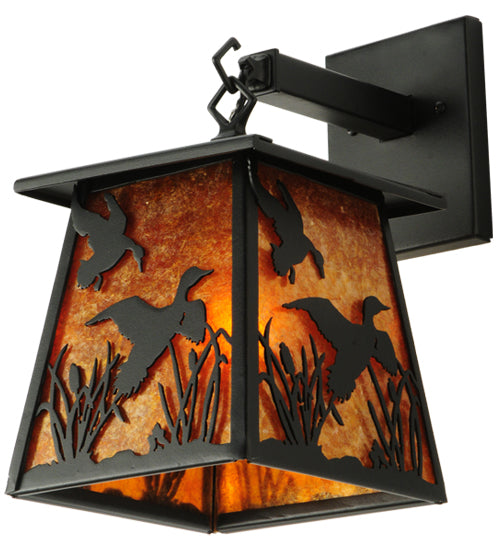 Meyda Lighting Ducks in Flight 7" Textured Black Hanging Wall Sconce With Amber Mica Shade Glass