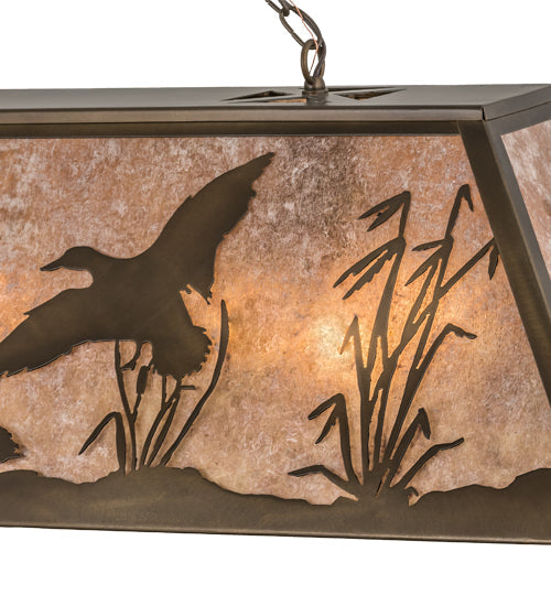 Meyda Lighting Ducks in Flight 72" 12-Light Antique Copper Finish Island Pendant Light With Silver Mica Shade Glass