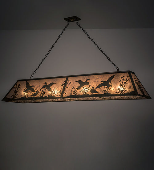 Meyda Lighting Ducks in Flight 72" 12-Light Antique Copper Finish Island Pendant Light With Silver Mica Shade Glass