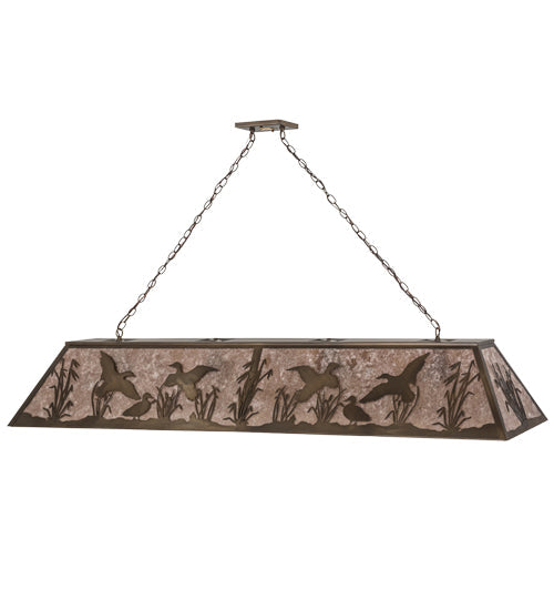 Meyda Lighting Ducks in Flight 72" 12-Light Antique Copper Finish Island Pendant Light With Silver Mica Shade Glass
