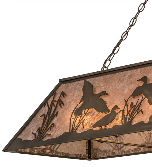 Meyda Lighting Ducks in Flight 72" 12-Light Antique Copper Finish Island Pendant Light With Silver Mica Shade Glass