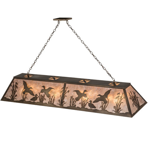 Meyda Lighting Ducks in Flight 72" 12-Light Antique Copper Finish Island Pendant Light With Silver Mica Shade Glass