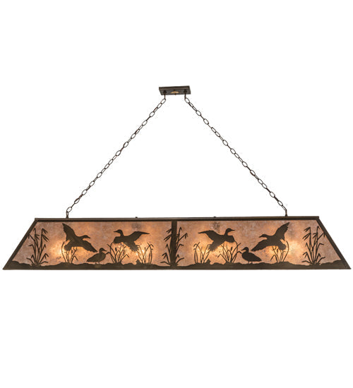 Meyda Lighting Ducks in Flight 72" 12-Light Antique Copper Finish Island Pendant Light With Silver Mica Shade Glass