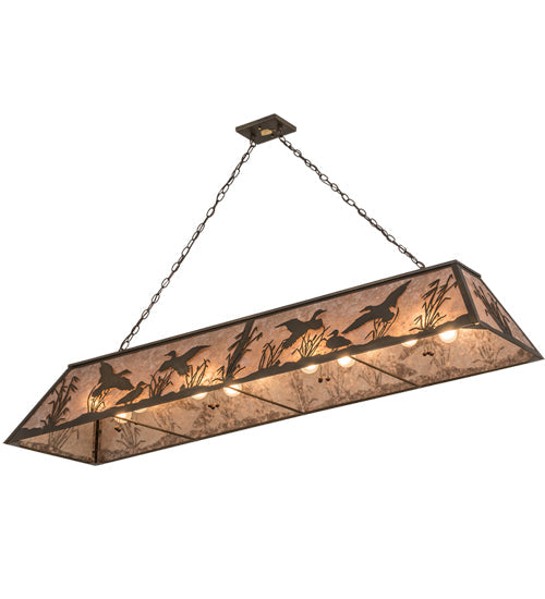 Meyda Lighting Ducks in Flight 72" 12-Light Antique Copper Finish Island Pendant Light With Silver Mica Shade Glass