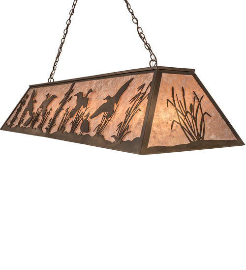 Meyda Lighting Ducks in Flight 72" 12-Light Antique Copper Finish Island Pendant Light With Silver Mica Shade Glass