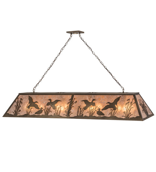 Meyda Lighting Ducks in Flight 72" 12-Light Antique Copper Finish Island Pendant Light With Silver Mica Shade Glass