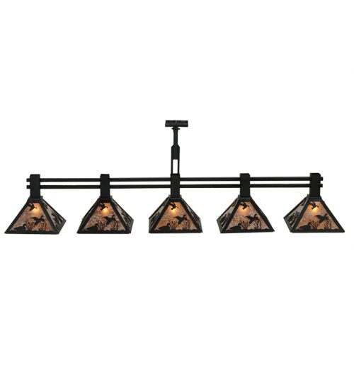 Meyda Lighting Ducks in Flight 75" 5-Light Textured Black Island Pendant Light With Silver Mica Shade Glass