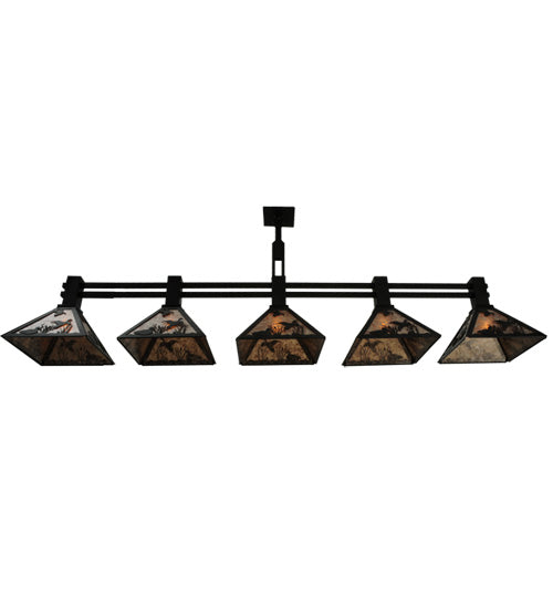 Meyda Lighting Ducks in Flight 75" 5-Light Textured Black Island Pendant Light With Silver Mica Shade Glass