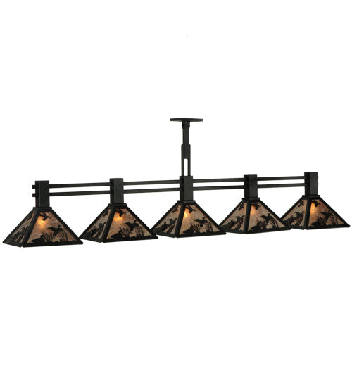 Meyda Lighting Ducks in Flight 75" 5-Light Textured Black Island Pendant Light With Silver Mica Shade Glass