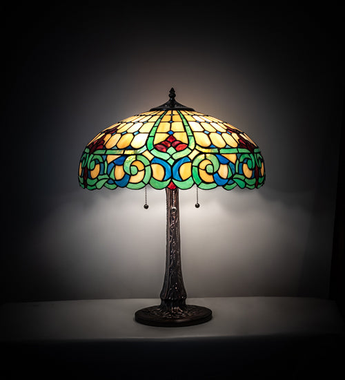 Meyda Lighting Duffner & Kimberly Colonial 22" 3-Light Mahogany Bronze Table Lamp With Multi-Colored Shade Glass