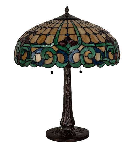 Meyda Lighting Duffner & Kimberly Colonial 22" 3-Light Mahogany Bronze Table Lamp With Multi-Colored Shade Glass