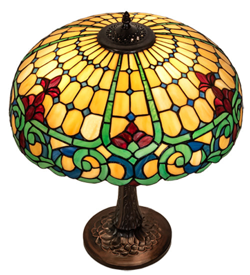 Meyda Lighting Duffner & Kimberly Colonial 22" 3-Light Mahogany Bronze Table Lamp With Multi-Colored Shade Glass