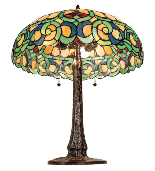 Meyda Lighting Duffner & Kimberly Colonial 22" 3-Light Mahogany Bronze Table Lamp With Multi-Colored Shade Glass