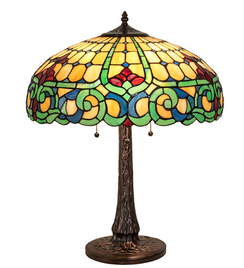Meyda Lighting Duffner & Kimberly Colonial 22" 3-Light Mahogany Bronze Table Lamp With Multi-Colored Shade Glass