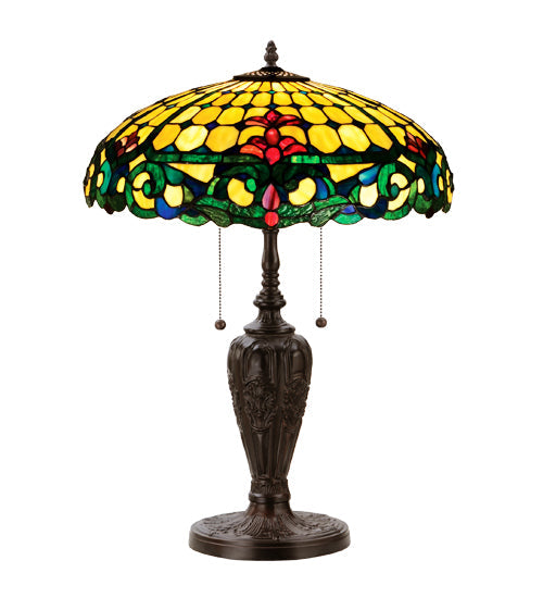 Meyda Lighting Duffner & Kimberly Colonial 24" 2-Light Mahogany Bronze Table Lamp With Multi-Colored Shade Glass