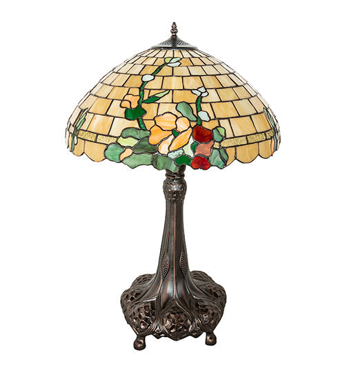 Meyda Lighting Duffner & Kimberly Hollyhock 31" 3-Light Mahogany Bronze Table Lamp With Multi-Colored Stained Shade Glass