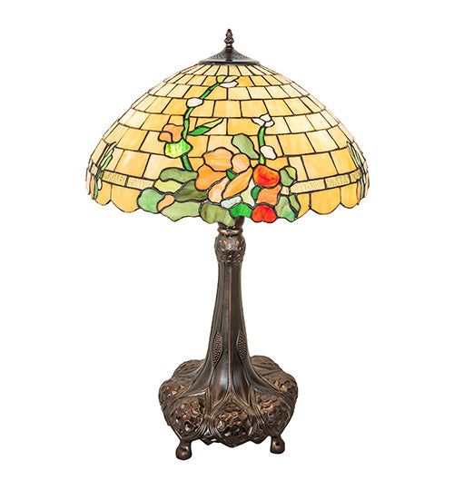 Meyda Lighting Duffner & Kimberly Hollyhock 31" 3-Light Mahogany Bronze Table Lamp With Multi-Colored Stained Shade Glass