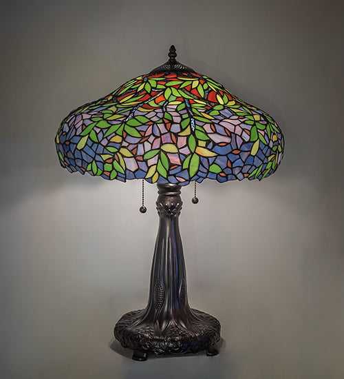 Meyda Lighting Duffner & Kimberly Laburnum 26" 2-Light Mahogany Bronze Table Lamp With Multi-Colored Stained Shade Glass