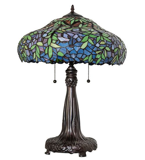 Meyda Lighting Duffner & Kimberly Laburnum 26" 2-Light Mahogany Bronze Table Lamp With Multi-Colored Stained Shade Glass