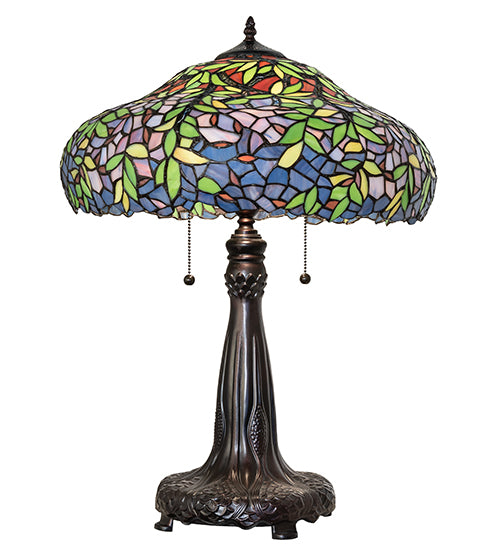 Meyda Lighting Duffner & Kimberly Laburnum 26" 2-Light Mahogany Bronze Table Lamp With Multi-Colored Stained Shade Glass