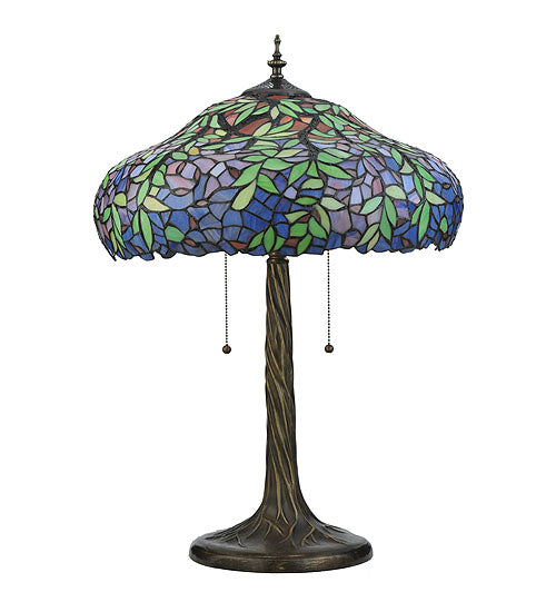 Meyda Lighting Duffner & Kimberly Laburnum 26" 3-Light Mahogany Bronze Table Lamp With Blue & Green Shade Glass