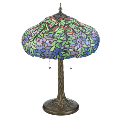 Meyda Lighting Duffner & Kimberly Laburnum 26" 3-Light Mahogany Bronze Table Lamp With Blue & Green Shade Glass