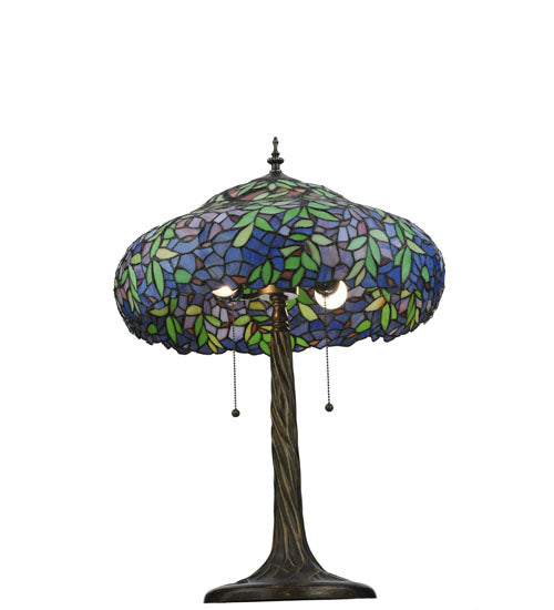 Meyda Lighting Duffner & Kimberly Laburnum 26" 3-Light Mahogany Bronze Table Lamp With Blue & Green Shade Glass