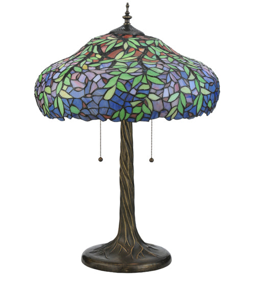 Meyda Lighting Duffner & Kimberly Laburnum 26" 3-Light Mahogany Bronze Table Lamp With Blue & Green Shade Glass