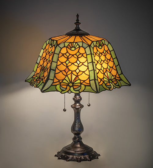 Meyda Lighting Duffner & Kimberly Shell & Diamond 21" 2-Light Mahogany Bronze Table Lamp With Amber & Green Stained Shade Glass