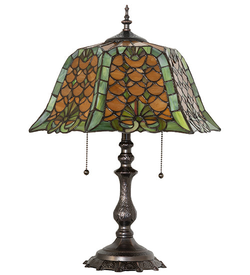 Meyda Lighting Duffner & Kimberly Shell & Diamond 21" 2-Light Mahogany Bronze Table Lamp With Amber & Green Stained Shade Glass