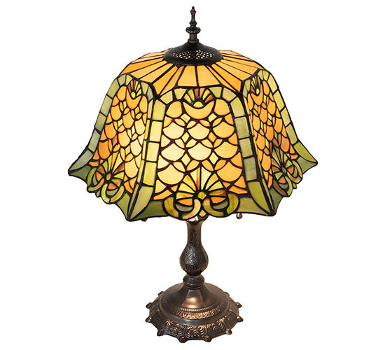 Meyda Lighting Duffner & Kimberly Shell & Diamond 21" 2-Light Mahogany Bronze Table Lamp With Amber & Green Stained Shade Glass