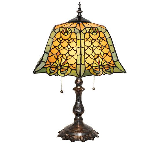 Meyda Lighting Duffner & Kimberly Shell & Diamond 21" 2-Light Mahogany Bronze Table Lamp With Amber & Green Stained Shade Glass