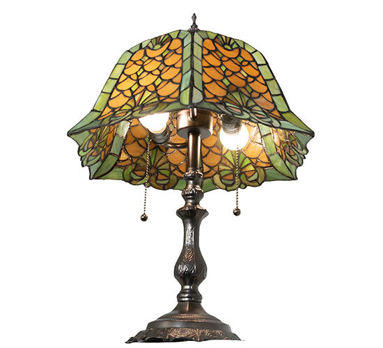 Meyda Lighting Duffner & Kimberly Shell & Diamond 21" 2-Light Mahogany Bronze Table Lamp With Amber & Green Stained Shade Glass