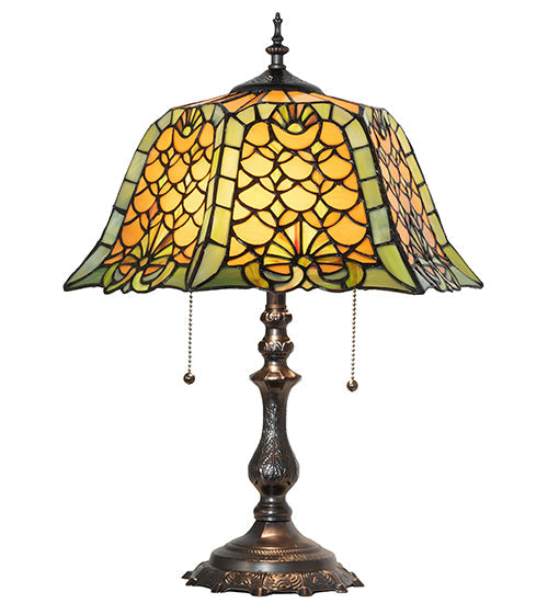 Meyda Lighting Duffner & Kimberly Shell & Diamond 21" 2-Light Mahogany Bronze Table Lamp With Amber & Green Stained Shade Glass