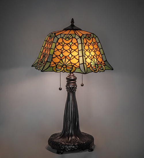 Meyda Lighting Duffner & Kimberly Shell & Diamond 26" 2-Light Mahogany Bronze Table Lamp With Amber & Green Shade Glass