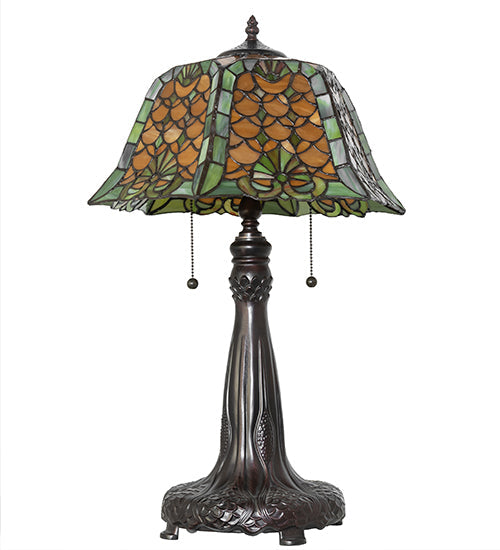 Meyda Lighting Duffner & Kimberly Shell & Diamond 26" 2-Light Mahogany Bronze Table Lamp With Amber & Green Shade Glass