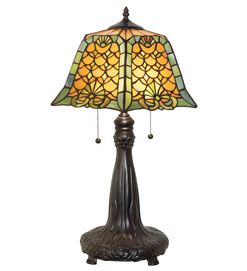 Meyda Lighting Duffner & Kimberly Shell & Diamond 26" 2-Light Mahogany Bronze Table Lamp With Amber & Green Shade Glass