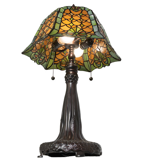 Meyda Lighting Duffner & Kimberly Shell & Diamond 26" 2-Light Mahogany Bronze Table Lamp With Amber & Green Shade Glass