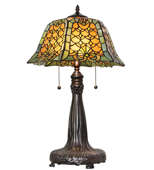 Meyda Lighting Duffner & Kimberly Shell & Diamond 26" 2-Light Mahogany Bronze Table Lamp With Amber & Green Shade Glass