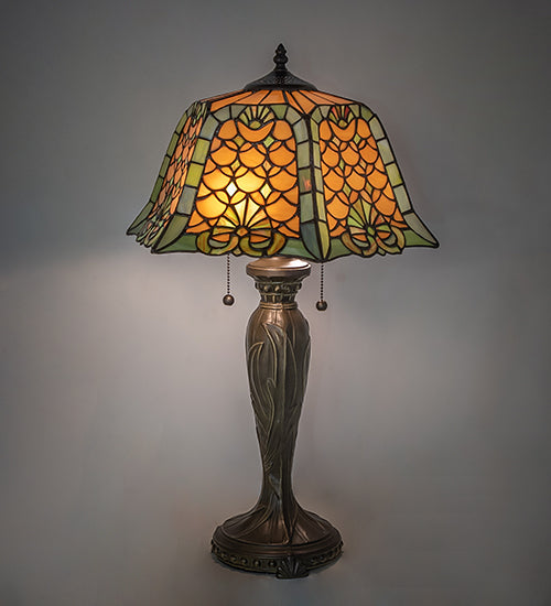 Meyda Lighting Duffner & Kimberly Shell & Diamond 264846 26" 2-Light Mahogany Bronze Table Lamp With Amber & Green Stained Shade Glass