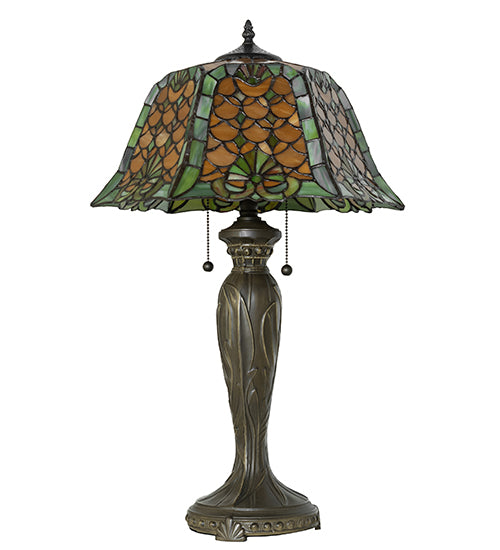 Meyda Lighting Duffner & Kimberly Shell & Diamond 264846 26" 2-Light Mahogany Bronze Table Lamp With Amber & Green Stained Shade Glass