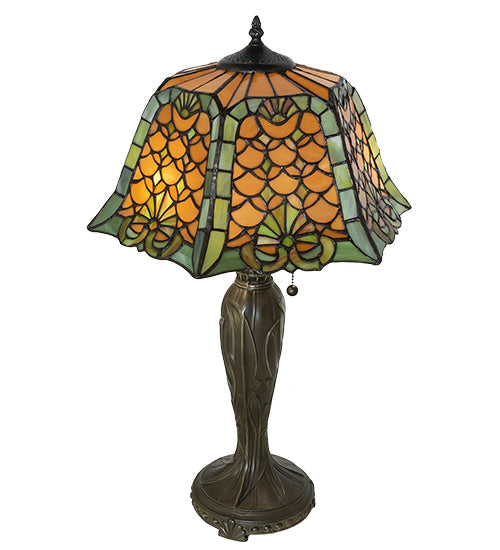 Meyda Lighting Duffner & Kimberly Shell & Diamond 264846 26" 2-Light Mahogany Bronze Table Lamp With Amber & Green Stained Shade Glass
